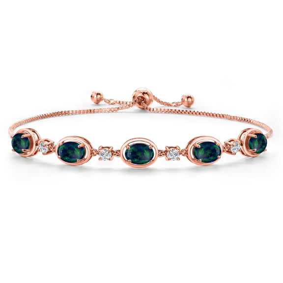 Gem Stone King 18K Rose Gold Plated Silver Simulated Green Opal, Lab Grown Diamond Bracelet for Women | 3.55 Cttw | Gemstone October Birthstone | Oval Cabochon 7X5MM | Fully Adjustable 9 inch