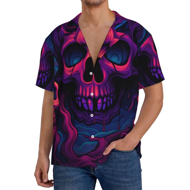Balery Purple-Red Skull Camisa Casual de Manga Corta con Botones para Hombre, Texturizada, Estilo Cubano, para Playa, Verano-Medium