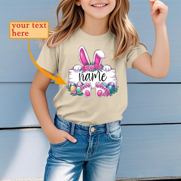 Gzbliryd Easter Bunny T Shirt Short Sleeves Rabbit T-Shirts Short Sleeve Cotton Tee Tops for Little Girl Easter Baseball Bunny Short Sleeve Tops (Beige,10-11 Years)