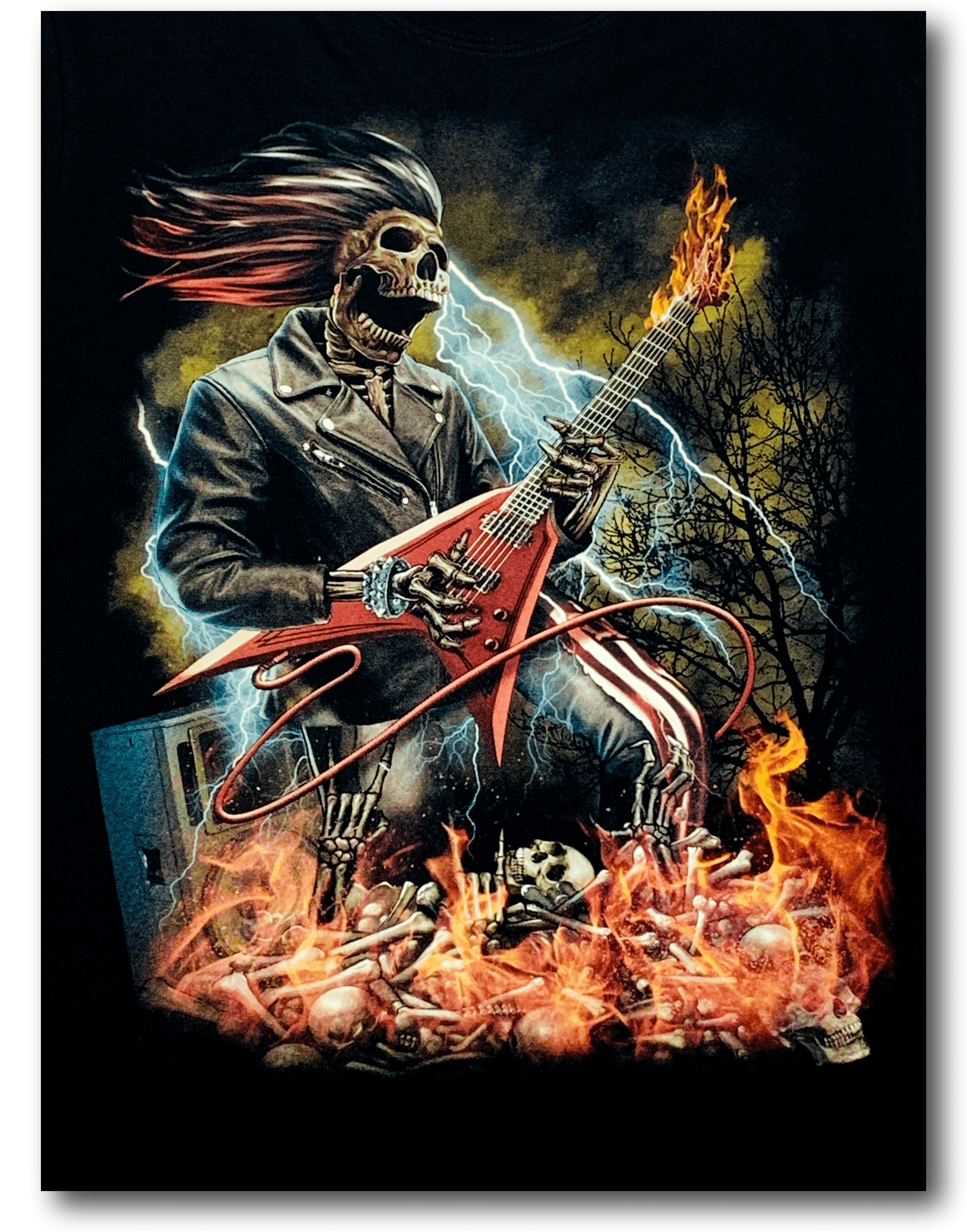 Skull with Electric Guitar and Flames Glow in the Dark HD Hot Rock T