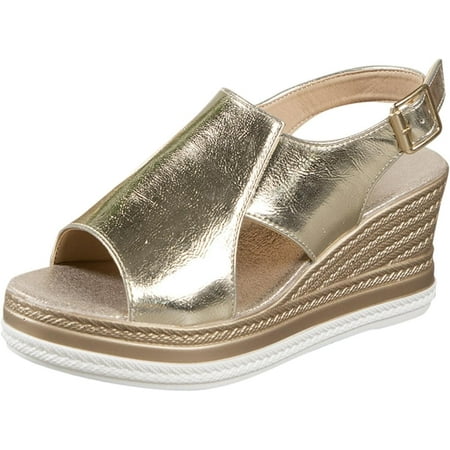 Womens Espadrille Wedge Sandals Open Toe Platform Fish Mouth Silver Ankle Strap Slingback Summer Dress Shoes Wide Width