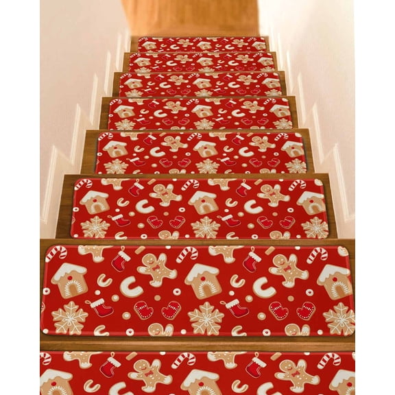 Christmas Red Stair Treads for Wooden Steps Indoor Runner Rug Carpet, Gingerbread Merry Xmas Snowflakes Holiday 10 Pieces Peel and Stick Staircase Step Treads Covers Washable Throw Door Mats, 30"x8"