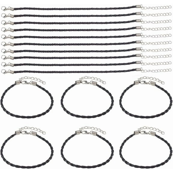 40Pcs Bracelet Cords with Clasp Bracelet Cord Bulk Black 3mm Imitation Leather Lace Plaited Trendy Iron Clasp Extended Chains Ropes Accessory DIY