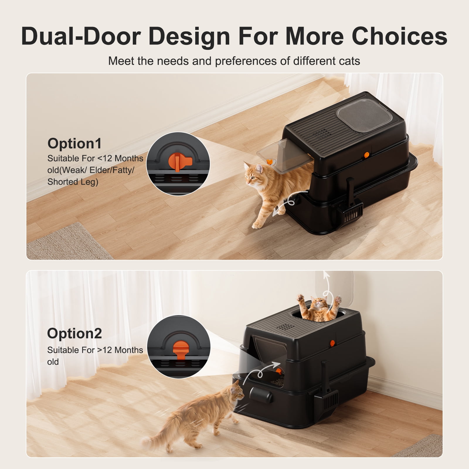 Stainless Steel Cat Litter Box with Lid, Foldable Enclosed Litter Box, Extra Large Metal Litter Box with Scoop and Mat, 24"*16.1"*16.1", Black