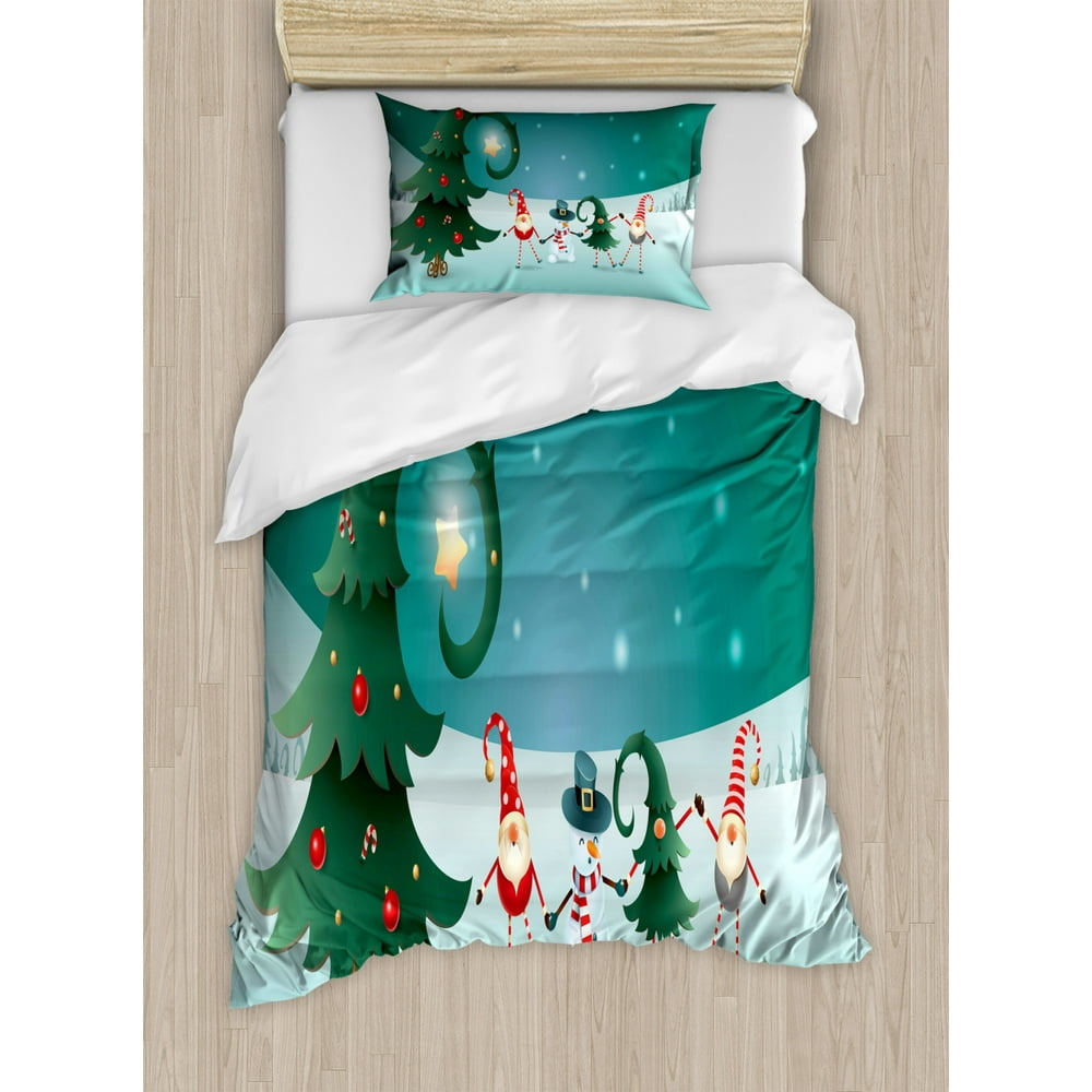 Elf Duvet Cover Set Twin Size, Friendly Holiday Celebration Theme