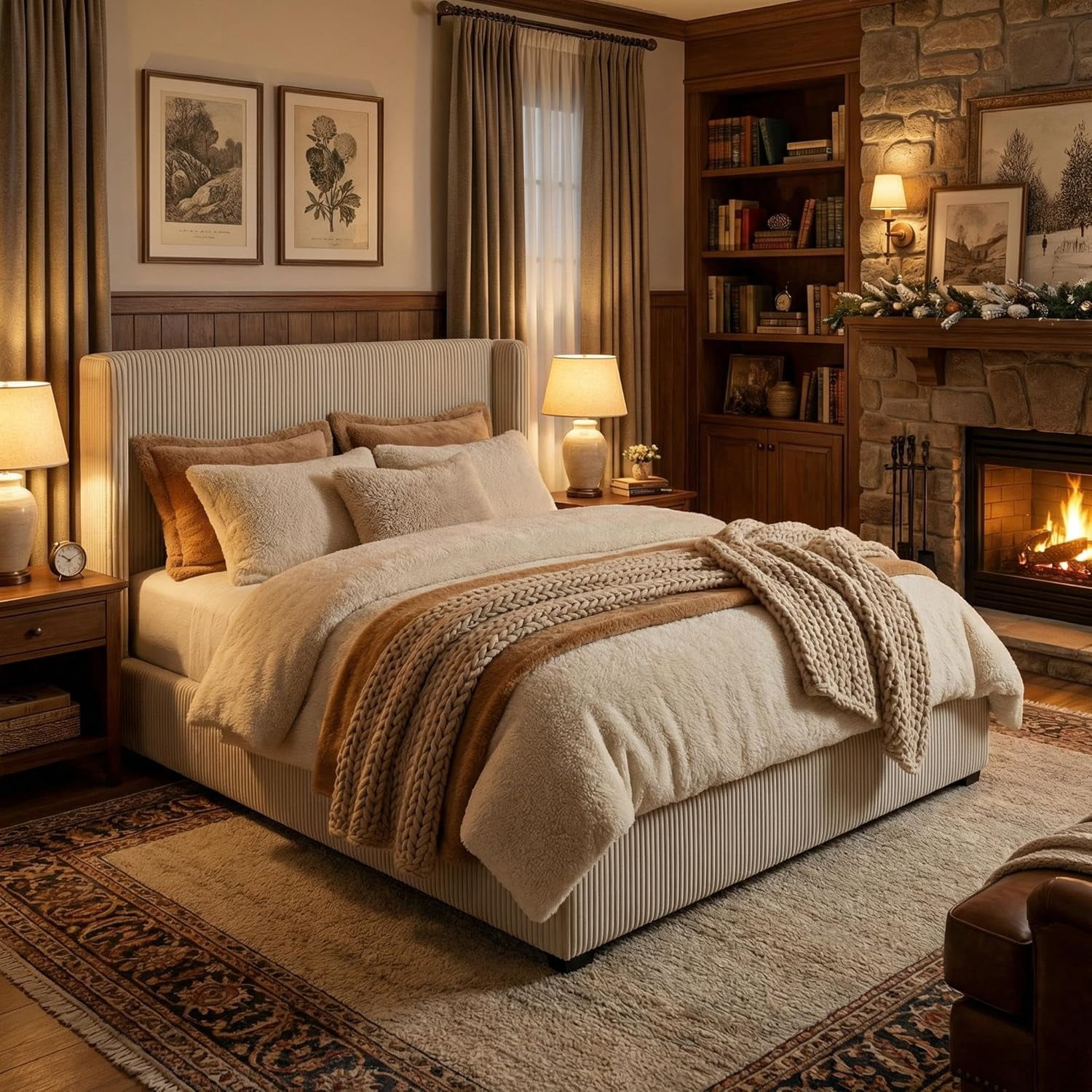 Queen Size Bed Frame with Storage Drawers, Corduroy Upholstered Platform Bed with Wingback, Tufted Headboard and Footboard, No Box Spring Needed, Beige