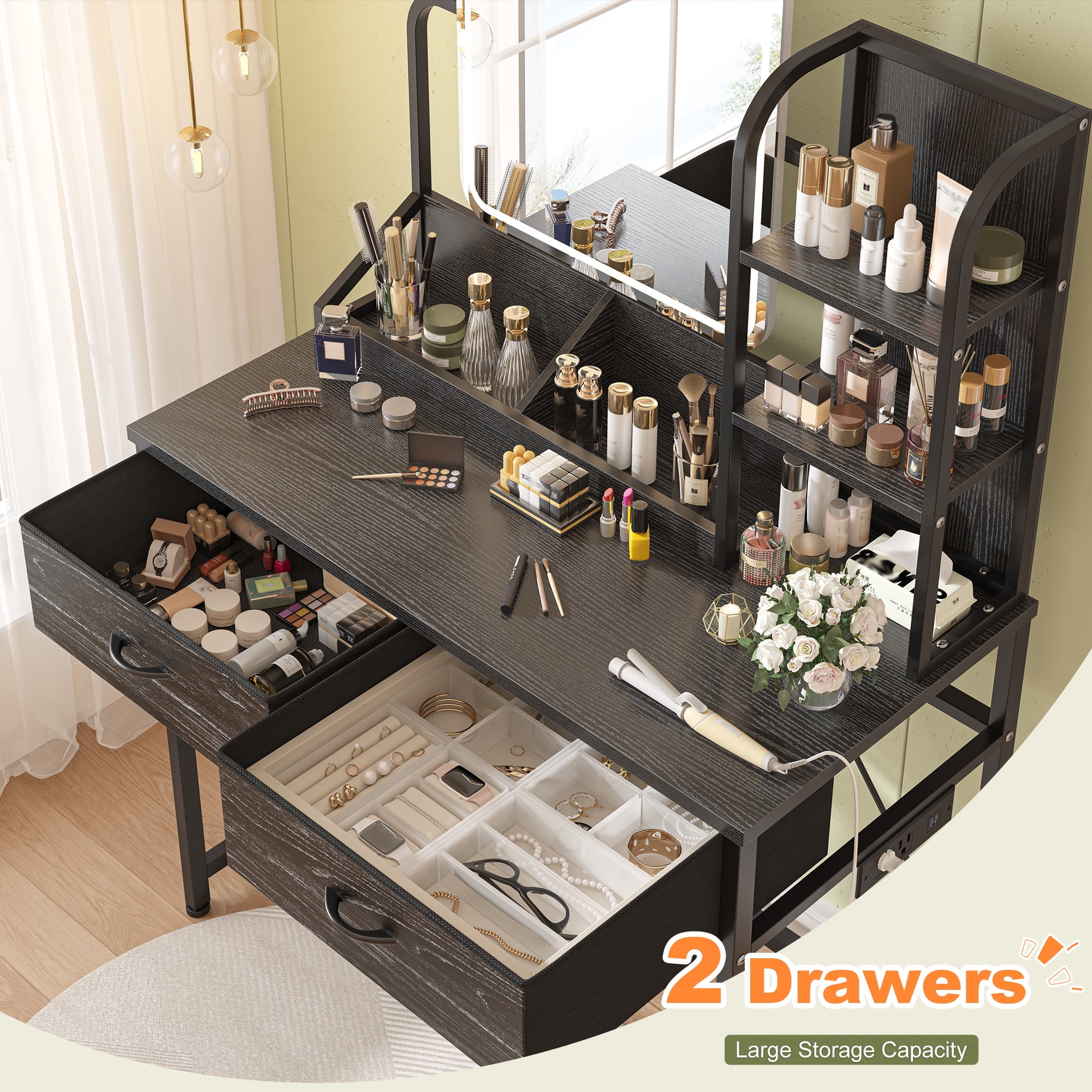 Makeup Vanity Table for Small Spaces Dressing Table with Mirror & LED Lights Makeup Desk with 2 Fabric Drawers & USB Port for Bedroom, Black