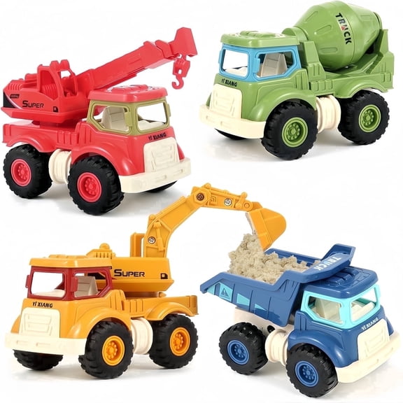 Bobby.Duck 4 Pack Construction Truck Toys for Kids, Construction Vehicle Set with Excavator, Dump Truck, Cement Mixer & Tow Truck, Boys' Gifts Ages 3 