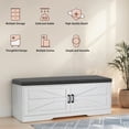 thumbnail image 3 of 2-Tier Storage Bench, Farmhouse Shoe Bench with Padded Seat Cushion, Entryway Bench with 2 Barn Doors & 2 Adjustable Shelves, for Entryway, Bedroom, Living Room, White, 3 of 9