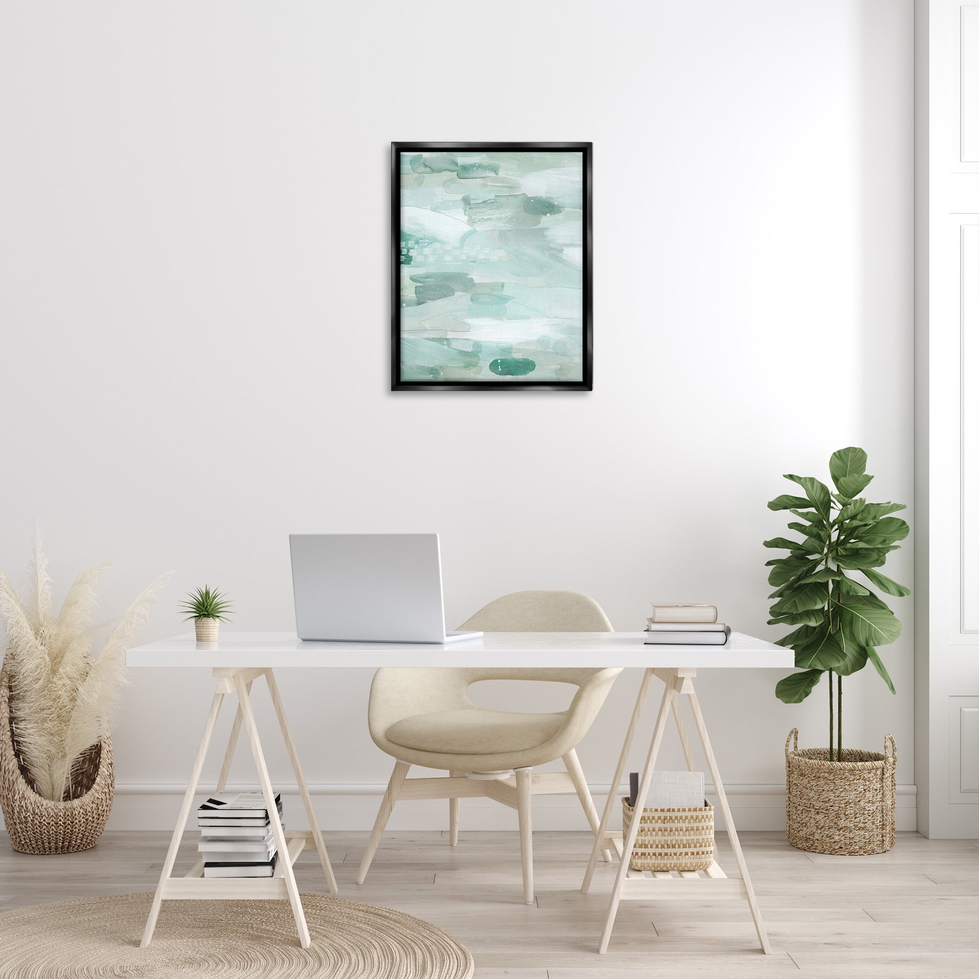 Stupell Industries Horizontal Green Strokes Abstract Painting Black Floater Framed Canvas Art Print Wall Art, 25 x 31