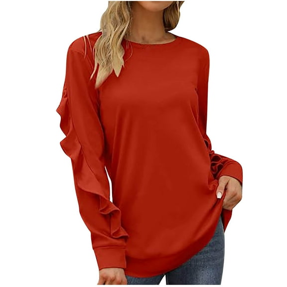 Women's Ruffle Long Sleeve T-Shirt Round Neck Solid Pullover Plus Size Trendy Casual Tops