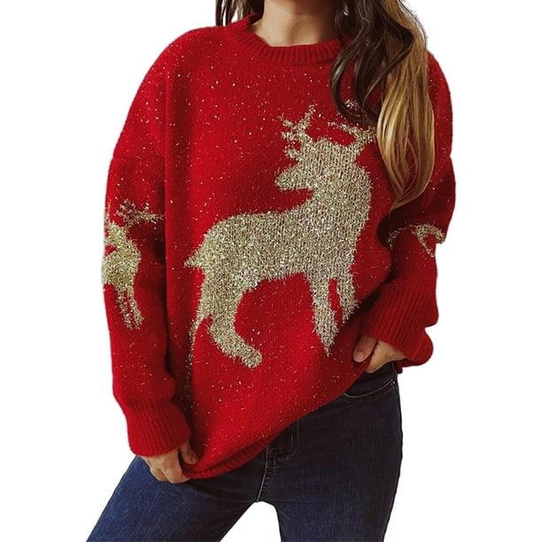 Gibobby Sueter para mujer de punto de manga larga con cuello redondo y diseño de Jacquard de dorado suelto para mujer Otoño e Invierno(Rojo,M)