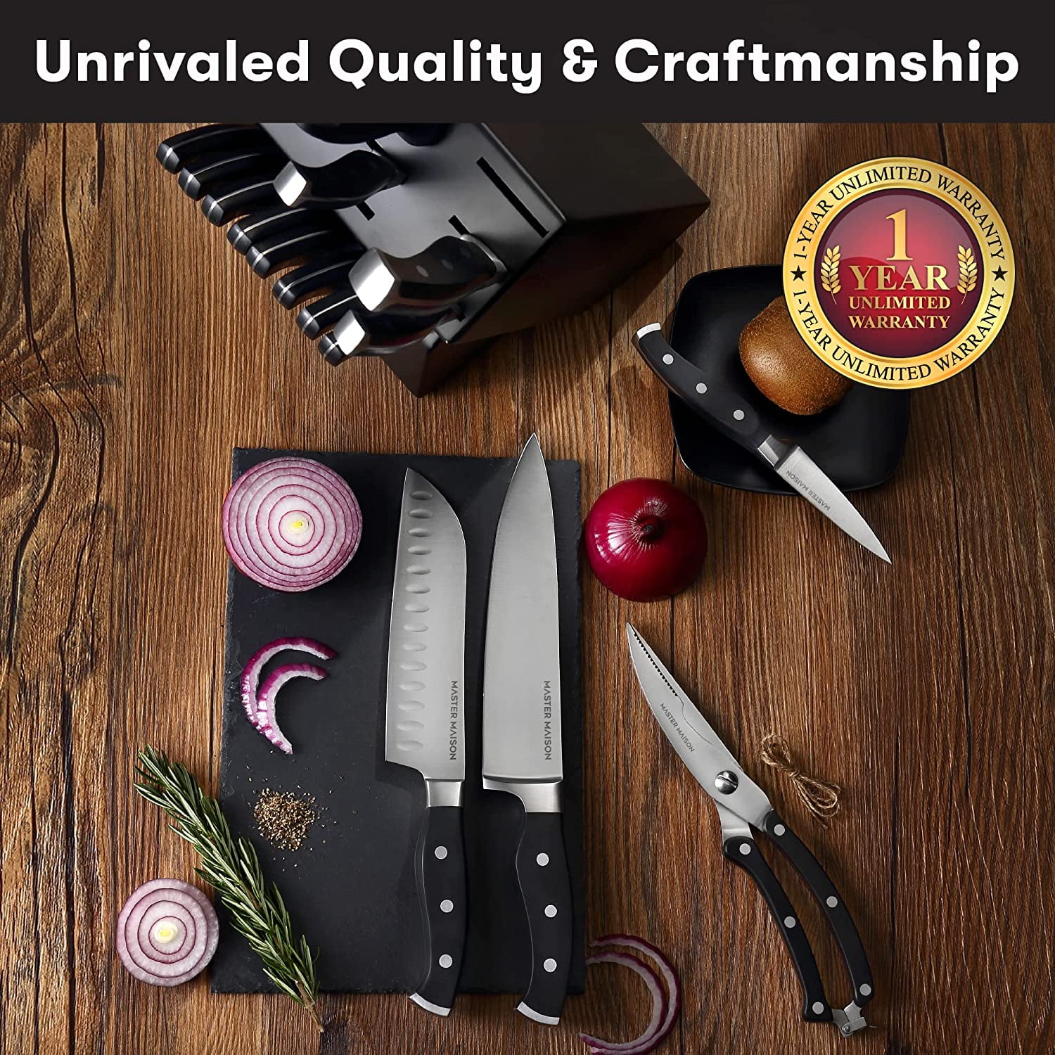 Master Maison 15-Piece Durable Professional Kitchen Knife Set - BBQ Knives,  Chef Knives, Kitchen Knives - Honing Rod, Knife Sharpener, 6 Knife