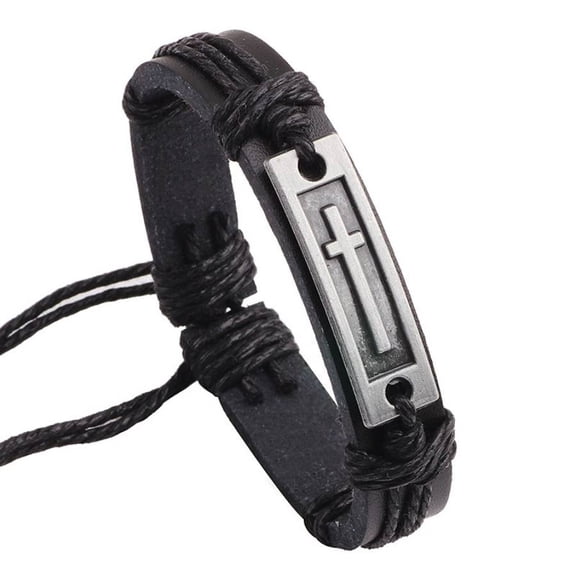 Men's Vintage Leather Cross Bracelet Adjustable Wristband Religious Jewelry for Casual Wear