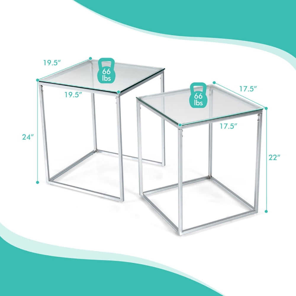 Finihen Coffee Table, Nesting Coffee Table, 2 Pieces Modern Nesting Coffee Table with Tempered Glass Top and Steel Frame, for Living Room, Reception Room, Sliver Finihen Coffee Table, Nesting Coffee Table, 2 Pieces Modern Nesting Coffee Table with Tempered Glass Top and Steel Frame, for Living Room, Reception Room, Sliver