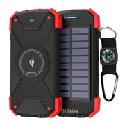 Solar Power Bank, Qi Portable Charger 10,000mAh External Battery Pack Type C Input Port Dual Flashlight, Compass (IPX4 Splashproof, Dustproof, Shockproof, Solar Panel Charging, DC5V/2.1A Input)