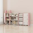 thumbnail image 7 of UNICOO® Kids Toy Storage Organizer with Removable Bins, 4-Tier Bookshelf and Cabinet - Pull-Out Drawers Shelf for Toddlers - Space-Saving Solution for Nursery, Playroom, Study Room (Pink), 7 of 7