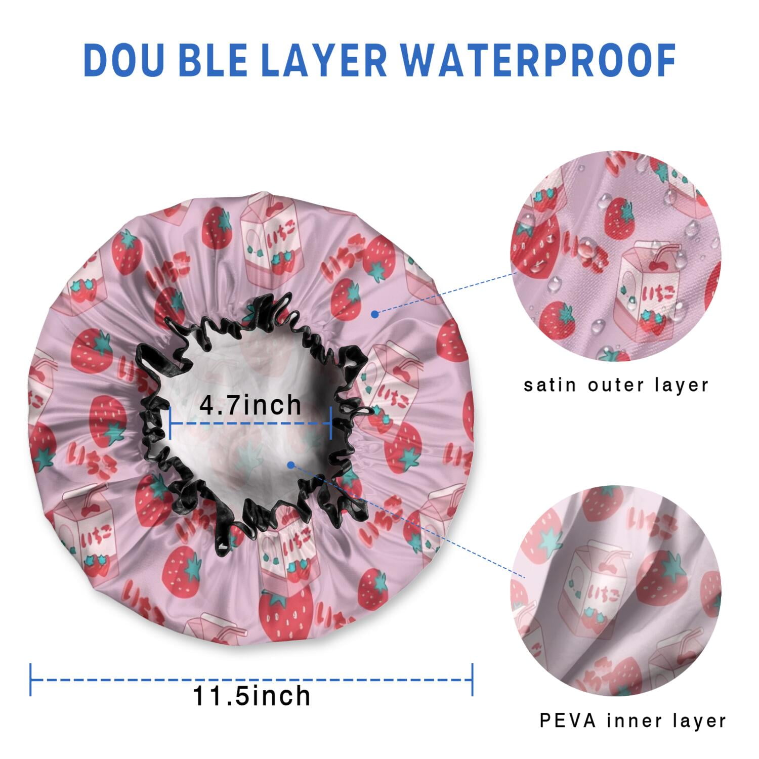 Shower Caps,Strawberry Plants Fruit Milk Box Waterproof Shower Cap for Women 4 Pieces,Double Reusable Hair Cover for Shower PEVA Elastic Stretch Hem