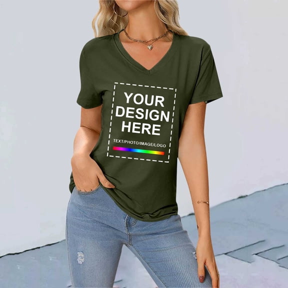 FAOWME Women's T Shirts Short Sleeve V Neck Letter Print Comfortable Slim Fit Tops For Casual Daily Wear Army Green L