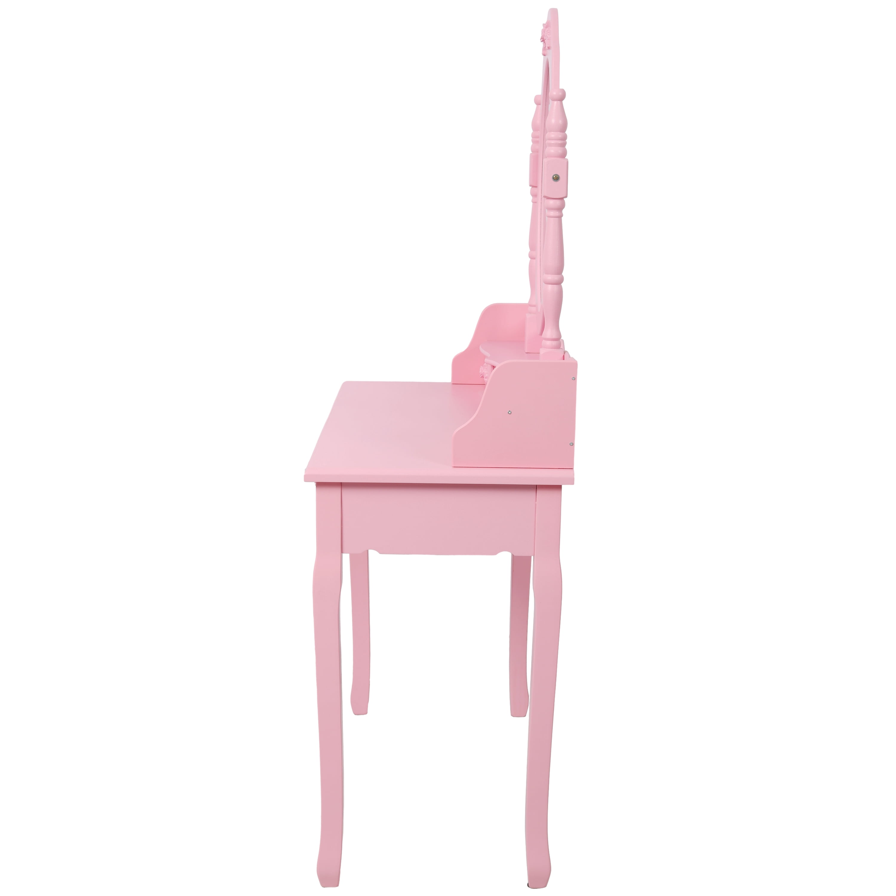 Makeup Vanity, Vanity Desk for Girls, Princess Vanity Pink with 360 Degree Rotating Mirror 4 Drawers Large Tabletop Includes Cushioned Multi Purpose Stool, Pink