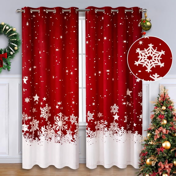 Christmas Curtains for Living Room 2 Panels Set, Velvet Fabric | Long Window 63 Inch Curtain, Floral Snowflake Decoration Curtains, Thermal Insulated Room Darkening Curtains, 52 x 63 Inches