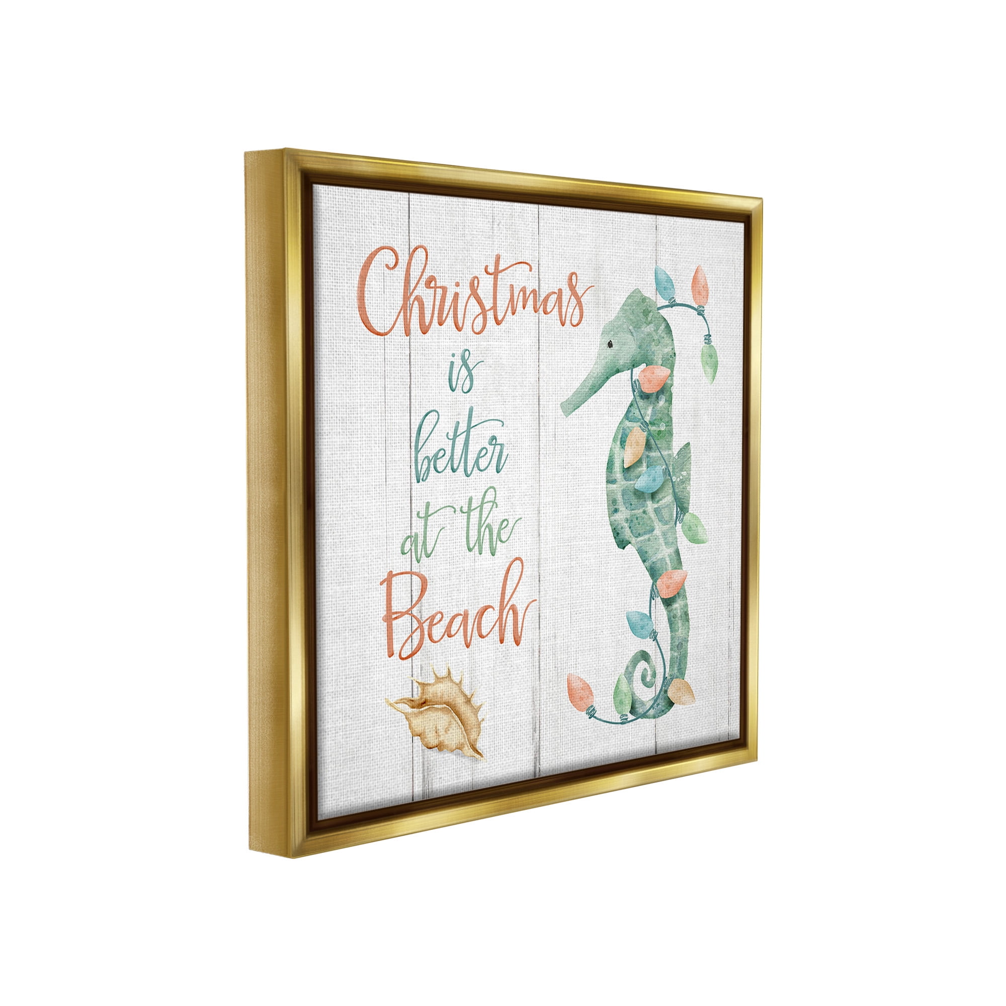 Stupell Industries Christmas Better At Beach Holiday Painting Gold Floater Framed Canvas Art Print Wall Art, 18 x 18