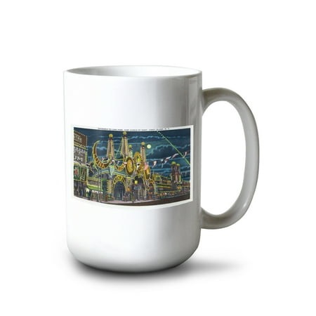 

15 fl oz Ceramic Mug Coney Island New York Surf Avenue View of Luna Park Entrance at Night Dishwasher & Microwave Safe
