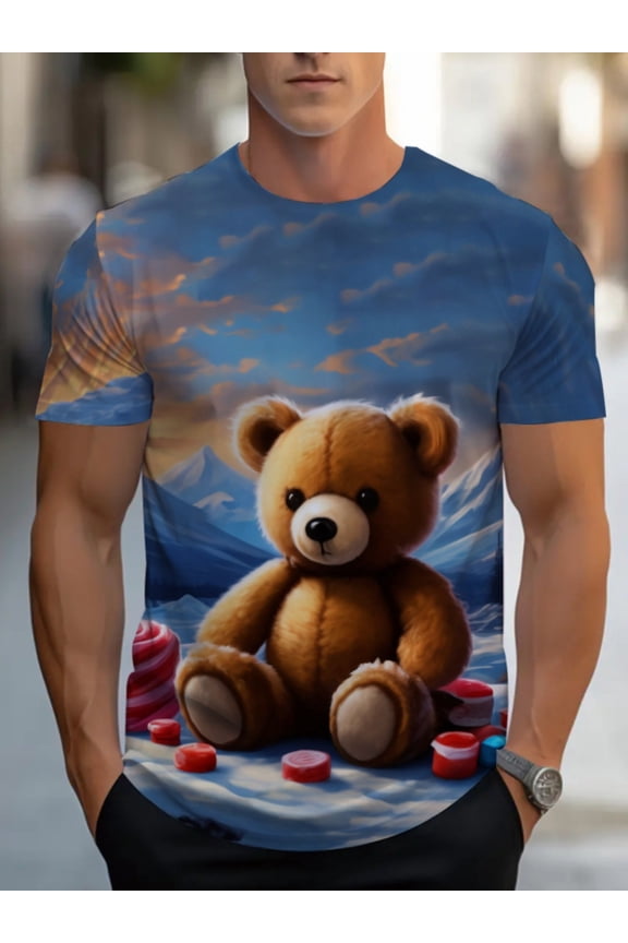 Men's 3D T-shirt with teddy bear design, the first choice for home casual wear. Made of soft, light and durable blue fabric, it is very suitable for casual outings and daily wear, providing a comfort