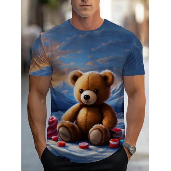 Men's 3D T-shirt with teddy bear design, the first choice for home casual wear. Made of soft, light and durable blue fabric, it is very suitable for casual outings and daily wear, providing a comfort