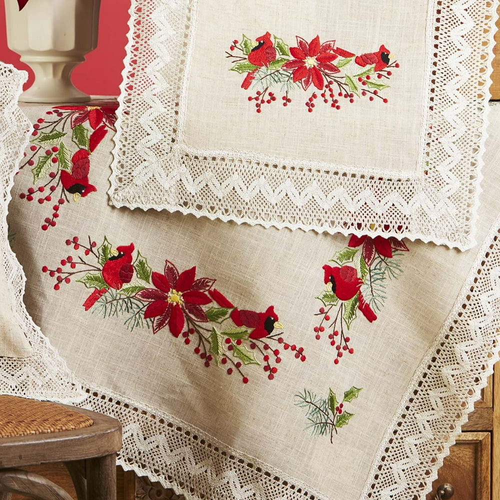 Herrschners® Cardinals & Poinsettia Table Topper Stamped Embroidery Kit