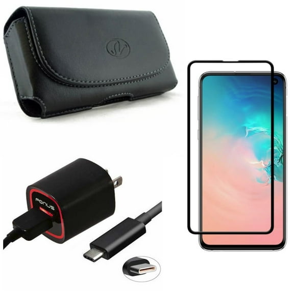 Galaxy S10e Home Charger w Screen Protector w Case Belt Clip - Fast 18W USB Cable 6ft TYpe-C, Tempered Glass 5D Curved Edge, Leather Holster Cover for Samsung Galaxy S10e Phone