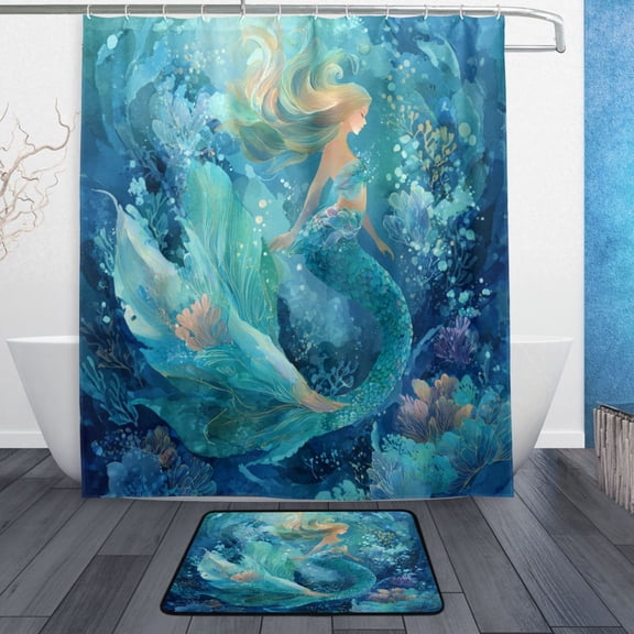 TTYFWHD 60" x 72" Shower Curtain and Bath Mat Set Teal Mermaid in Coral Reef Waterproof Bathroom Curtain with 12 Hooks, Bathroom Decor Set