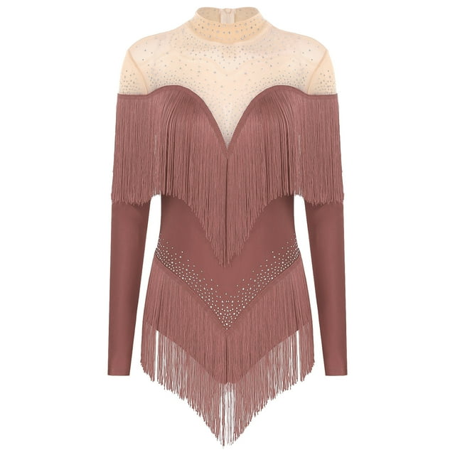 Alvivi Justaucorps de Danse pour Femmes Manches Longues Patchwork en Maille avec Strass Robe de Danse Latine Tango Rose Poussiéreux m