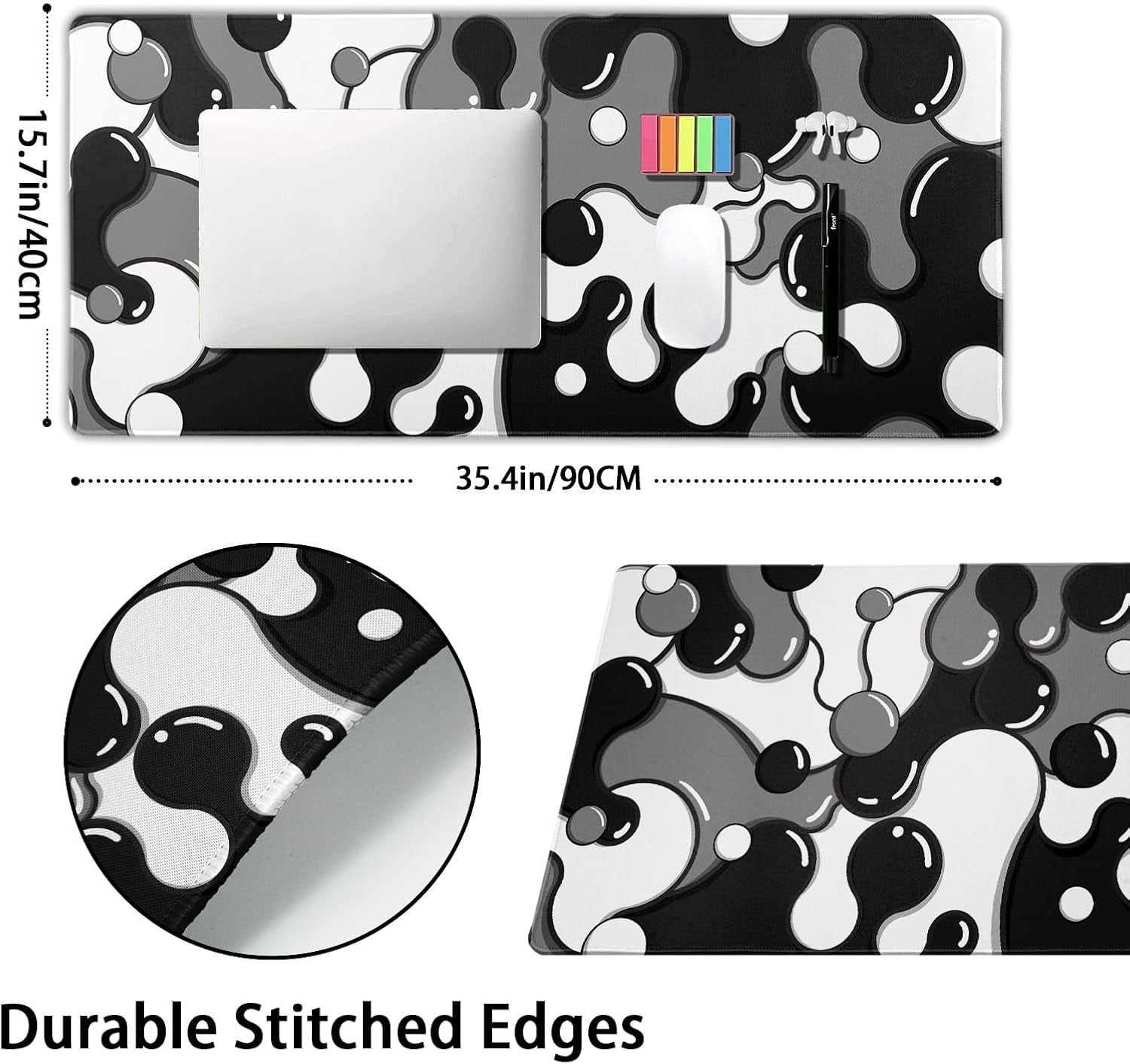 aportt Black White Grey Mouse Pad XXL Anime Cool Geometric Japanese Extended Desk Mat 90X40 CM Non-Slip Rubber Base Stitched Edge Large Mousepad for Gaming Laptop Computer Desktop 35.4×15.7 Inch