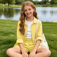 thumbnail image 5 of FAVIPT Outfits for Kids 2 Piece Sets Summer Long Sleeve Collared Button Shirts Drawstring Short Pants Casual Solid Sets Yellow,11 Years, 5 of 9