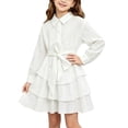 thumbnail image 3 of Auroural Girls Long Sleeve Shirt Dress Lapel Button Tiered Ruffle Dress Waist Casual Kids Outfit, 3 of 9