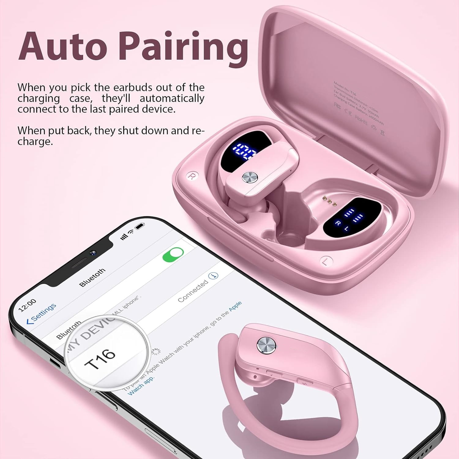 Wireless Earbuds Bluetooth Headphones 48hrs Play Back Sport Earphones with LED Display Over-Ear Buds with Earhooks Built-in Mic Headset for Workout