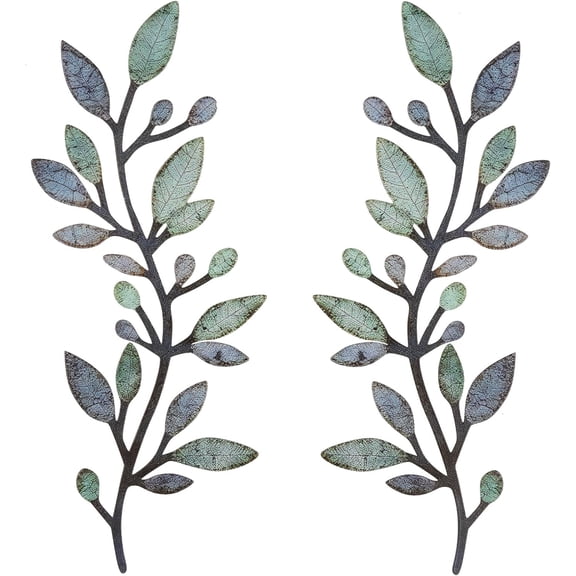 2 Pcs Metal Leaf Wall Decor - Vintage Blue Green Wall Art for Bedroom Living Room Bathroom Rustic Farmhouse Indoor Outdoor (Olive Branch, Each 15x6 inches)