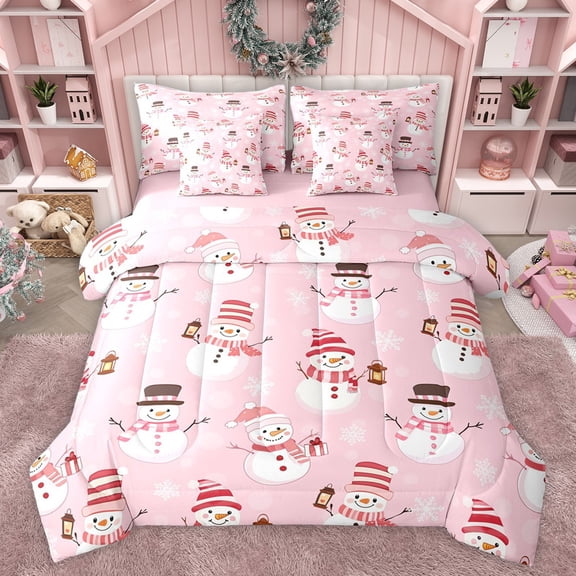 Castle Fairy Boys Girls Cartoon Winter Snowflakes Snowman Twin Bedding Sets 7-Piece,Happy New Year Bedding Comforter Set Microfiber,Merry Christmas Xmas Breathable Sheet Sets,Super Cozy Room Decor