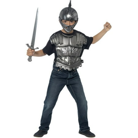 Adult Medieval Silver Gladiator Helmet With Sword and Body Armour Costume