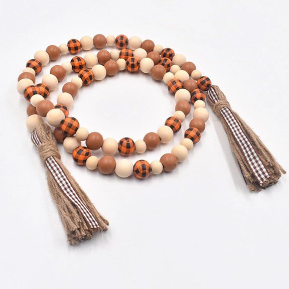 Fall Decorations Harvest Wood Bead Garland with Tassel - Home Tiered Tray Decor with Jute Rope Plaid Tassel, Rustic Fall Room Décor for Wall Mantle Shelf Oranges Decor Thanksgiving Beads, Check Beads