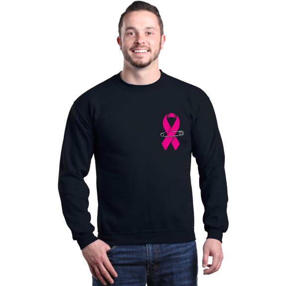 Shop4Ever Men's Pink Breast Cancer Ribbon Pin Breast Cancer Crewneck Sweatshirt Medium Black