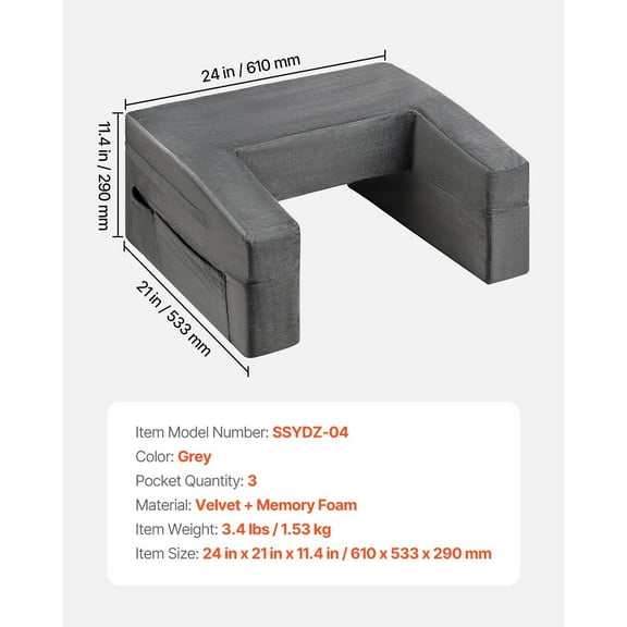 Reading Pillow for Adults with Lap Tray & Cup Holder, Memory Foam Bed Rest Pillow, Grey Washable Cover, 2 Pockets