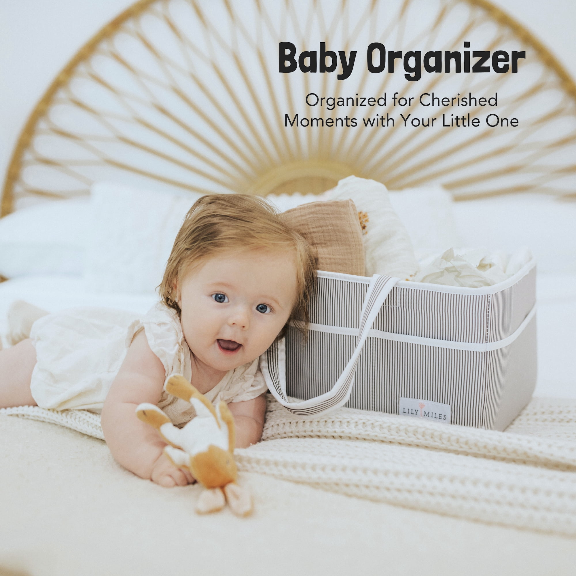 Lily Miles Baby Diaper Caddy Organizer for Baby Girls - Nursery Changing Table Organizer - Baby Shower Gifts (Gray/Blush, Large)