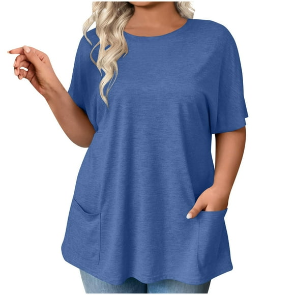 Women's Long Tunic Tops to Wear with Leggings Summer Short Sleeve Loose Fit Dressy Shirts with Pockets