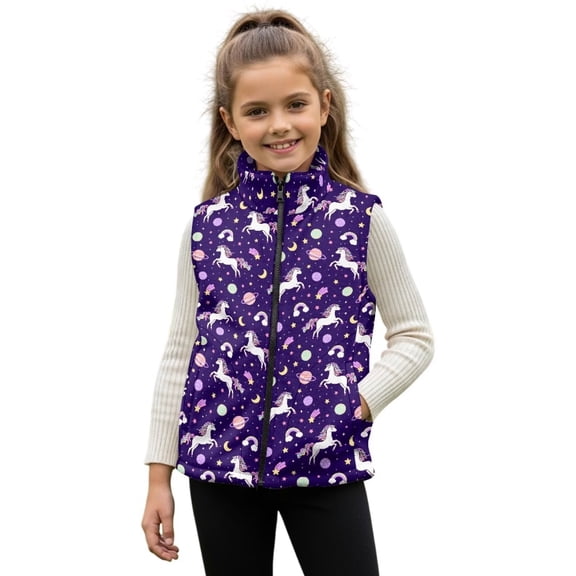 Binienty Girls Zip Up Fleece Vest Planet Horse Print Sleeveless Fluffy Vests for Toddler Stand Collar Jacket with Pockets Warm Winter Girls' Outerwear Vests
