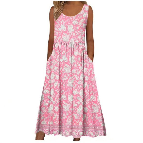 Pounoo Midi Dresses for Women Sleeveless Floral Print Tiered Midi Dress with Pockets Lightweight Breathable Summer Vacation Dresses Gift