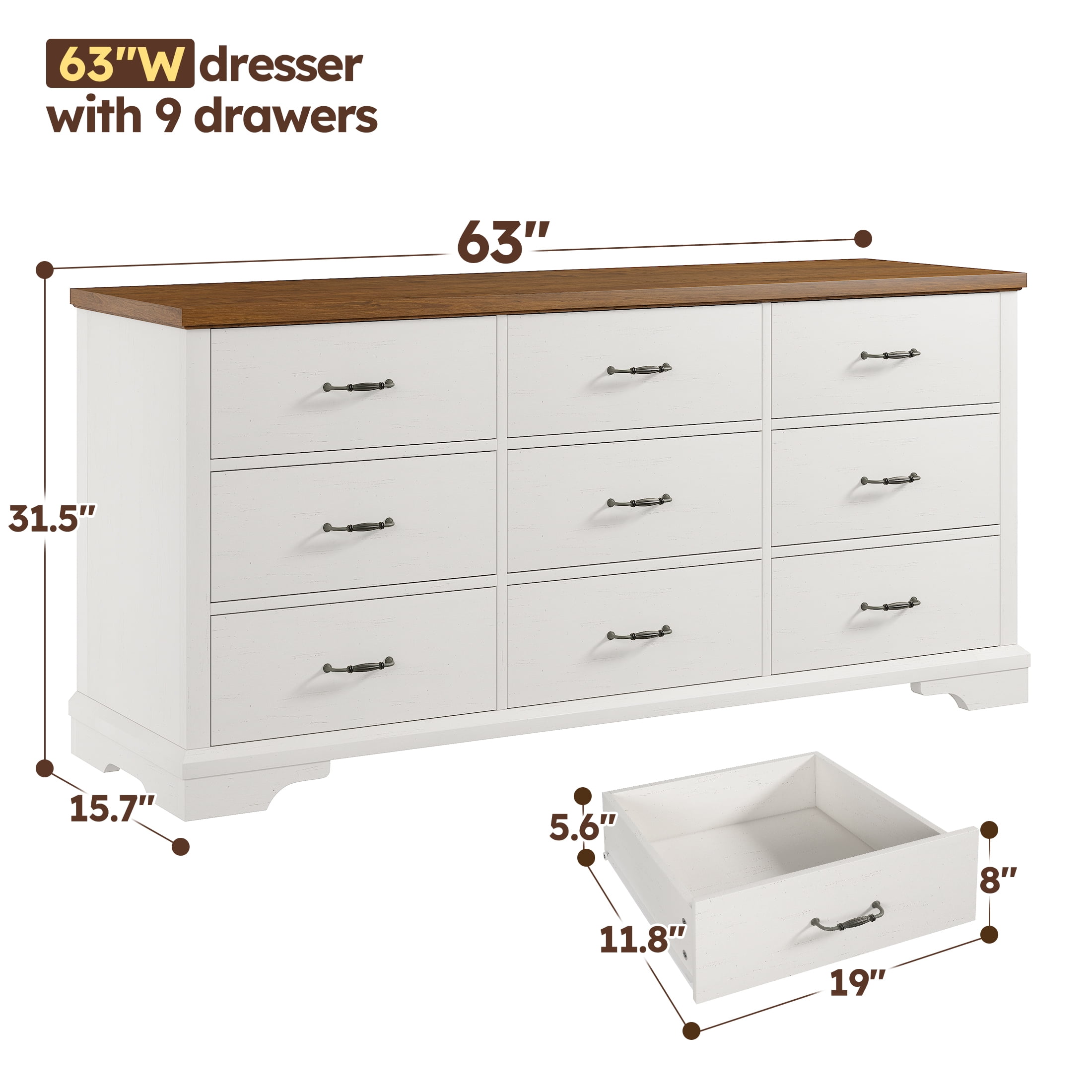 EnHomee 9 Drawer White Dresser for Bedroom Wood Dressers&Chest of Drawers 63" Long Dresser