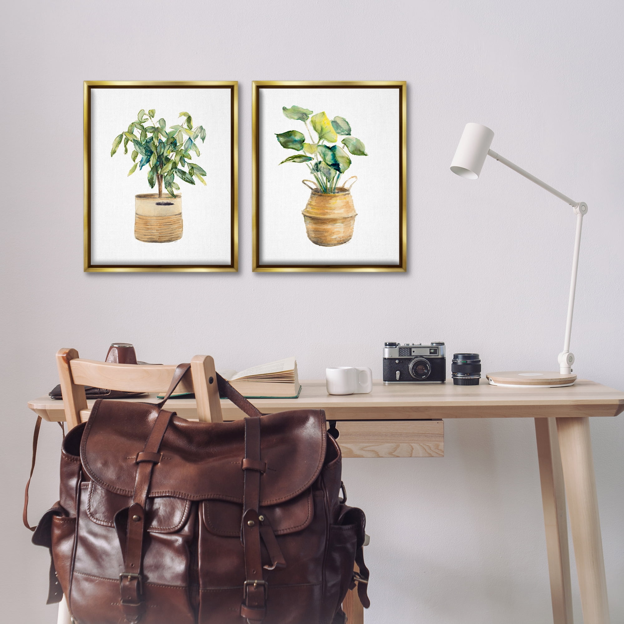 Stupell Industries Lush Houseplants in Wicker Pots Plants & Flowers Painting Gold Floater Framed Canvas Art Print Wall Art, 17 x 21, Set of 2