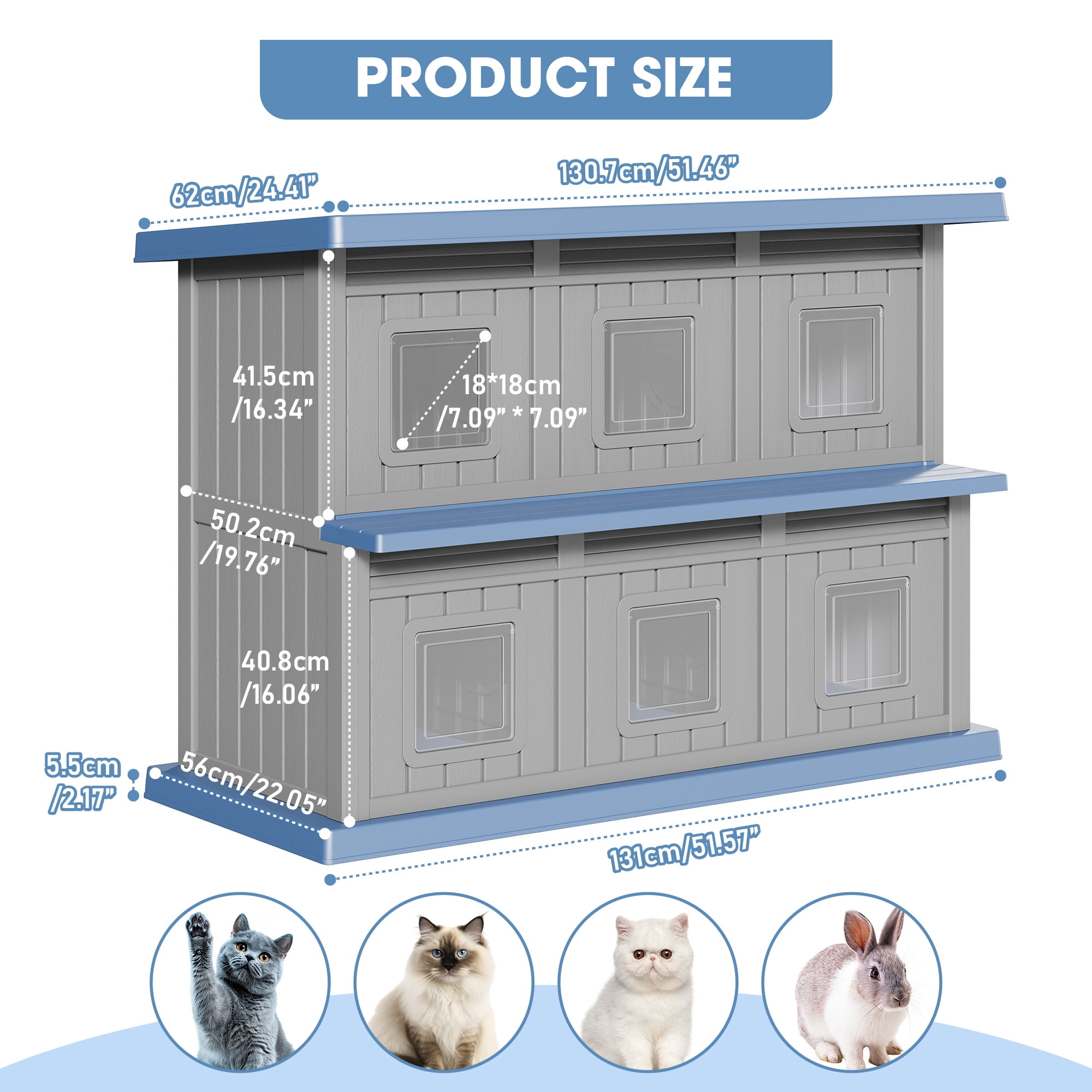 Bifanuo Outdoor Cat House,Double-Decker Resin Cat House,Weatherproof UV Protection Cat Shelter for Feral Cats,Assemble Easily for Home & Yard,Blue&Gray